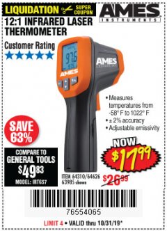 Harbor Freight Coupon 12:1 INFRARED LASER THERMOMETER Lot No. 64310/64626/63985 Expired: 10/31/19 - $17.99