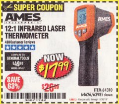 Harbor Freight Coupon 12:1 INFRARED LASER THERMOMETER Lot No. 64310/64626/63985 Expired: 11/30/19 - $17.99