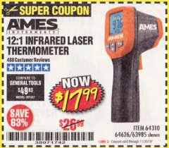 Harbor Freight Coupon AMES INSTRUMENTS 12:1 INFRARED LASER THERMOMETER Lot No. 63985 Expired: 11/30/19 - $17.99