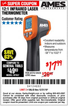 Harbor Freight Coupon 12:1 INFRARED LASER THERMOMETER Lot No. 64310/64626/63985 Expired: 12/31/19 - $17.99