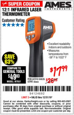 Harbor Freight Coupon AMES INSTRUMENTS 12:1 INFRARED LASER THERMOMETER Lot No. 63985 Expired: 12/31/19 - $17.99