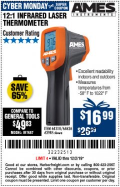 Harbor Freight Coupon 12:1 INFRARED LASER THERMOMETER Lot No. 64310/64626/63985 Expired: 12/1/19 - $16.99