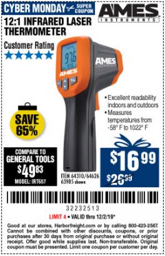 Harbor Freight Coupon AMES INSTRUMENTS 12:1 INFRARED LASER THERMOMETER Lot No. 63985 Expired: 12/1/19 - $16.99