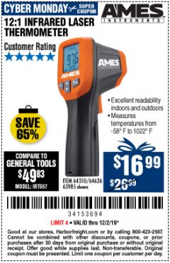 Harbor Freight Coupon 12:1 INFRARED LASER THERMOMETER Lot No. 64310/64626/63985 Expired: 12/2/19 - $16.99