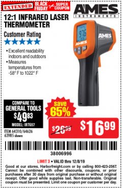 Harbor Freight Coupon 12:1 INFRARED LASER THERMOMETER Lot No. 64310/64626/63985 Expired: 12/8/19 - $16.99