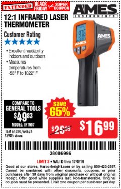 Harbor Freight Coupon AMES INSTRUMENTS 12:1 INFRARED LASER THERMOMETER Lot No. 63985 Expired: 12/8/19 - $16.99