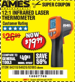 Harbor Freight Coupon 12:1 INFRARED LASER THERMOMETER Lot No. 64310/64626/63985 Expired: 2/4/20 - $19.99