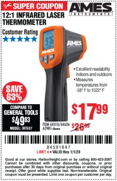Harbor Freight Coupon AMES INSTRUMENTS 12:1 INFRARED LASER THERMOMETER Lot No. 63985 Expired: 1/1/20 - $17.99