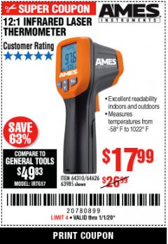 Harbor Freight Coupon AMES INSTRUMENTS 12:1 INFRARED LASER THERMOMETER Lot No. 63985 Expired: 1/1/20 - $17.99