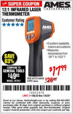 Harbor Freight Coupon 12:1 INFRARED LASER THERMOMETER Lot No. 64310/64626/63985 Expired: 1/6/20 - $17.99