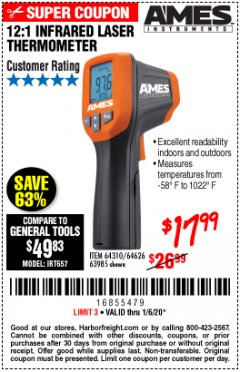 Harbor Freight Coupon AMES INSTRUMENTS 12:1 INFRARED LASER THERMOMETER Lot No. 63985 Expired: 1/6/20 - $17.99