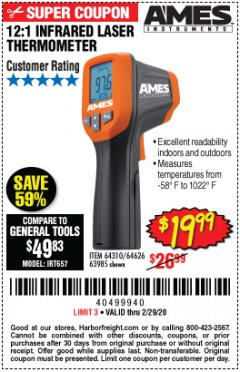 Harbor Freight Coupon 12:1 INFRARED LASER THERMOMETER Lot No. 64310/64626/63985 Expired: 2/29/20 - $19.99