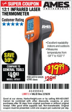 Harbor Freight Coupon AMES INSTRUMENTS 12:1 INFRARED LASER THERMOMETER Lot No. 63985 Expired: 2/29/20 - $19.99