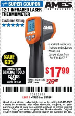 Harbor Freight Coupon AMES INSTRUMENTS 12:1 INFRARED LASER THERMOMETER Lot No. 63985 Expired: 2/17/20 - $17.99