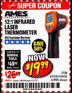 Harbor Freight Coupon 12:1 INFRARED LASER THERMOMETER Lot No. 64310/64626/63985 Expired: 3/31/20 - $19.99
