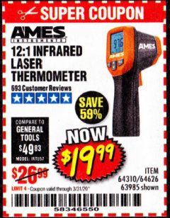 Harbor Freight Coupon AMES INSTRUMENTS 12:1 INFRARED LASER THERMOMETER Lot No. 63985 Expired: 3/31/20 - $19.99