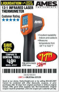 Harbor Freight Coupon AMES INSTRUMENTS 12:1 INFRARED LASER THERMOMETER Lot No. 63985 Expired: 3/31/20 - $17.99