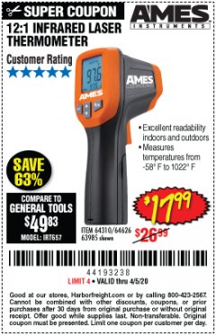 Harbor Freight Coupon AMES INSTRUMENTS 12:1 INFRARED LASER THERMOMETER Lot No. 63985 Expired: 6/30/20 - $17.99