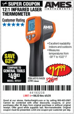 Harbor Freight Coupon 12:1 INFRARED LASER THERMOMETER Lot No. 64310/64626/63985 Expired: 6/30/20 - $17.99