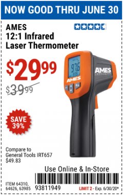 Harbor Freight Coupon 12:1 INFRARED LASER THERMOMETER Lot No. 64310/64626/63985 Expired: 6/30/20 - $29.99