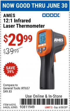 Harbor Freight Coupon AMES INSTRUMENTS 12:1 INFRARED LASER THERMOMETER Lot No. 63985 Expired: 6/30/20 - $29.99