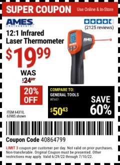 Harbor Freight Coupon AMES INSTRUMENTS 12:1 INFRARED LASER THERMOMETER Lot No. 63985 Expired: 7/10/22 - $19.99