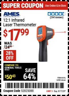 Harbor Freight Coupon AMES INSTRUMENTS 12:1 INFRARED LASER THERMOMETER Lot No. 63985 Expired: 9/17/23 - $17.99