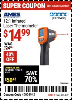 Harbor Freight Coupon AMES INSTRUMENTS 12:1 INFRARED LASER THERMOMETER Lot No. 63985 Expired: 4/21/24 - $14.99