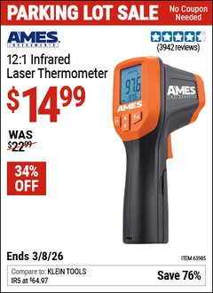 Harbor Freight Coupon AMES INSTRUMENTS 12:1 INFRARED LASER THERMOMETER Lot No. 63985 Expired: 3/8/26 - $14.99