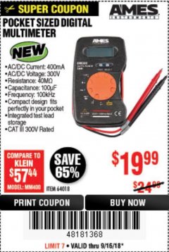 Harbor Freight Coupon POCKET SIZED DIGITAL MULTIMETER Lot No. 64018 Expired: 9/16/18 - $19.99
