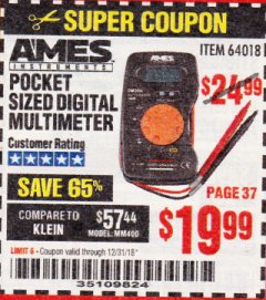 Harbor Freight Coupon POCKET SIZED DIGITAL MULTIMETER Lot No. 64018 Expired: 12/31/18 - $19.99