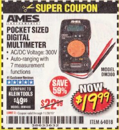 Harbor Freight Coupon POCKET SIZED DIGITAL MULTIMETER Lot No. 64018 Expired: 11/30/19 - $19.99