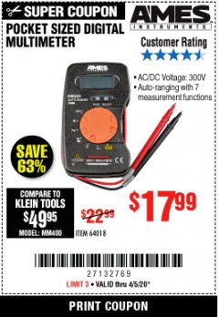 Harbor Freight Coupon POCKET SIZED DIGITAL MULTIMETER Lot No. 64018 Expired: 6/30/20 - $17.99