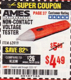 Harbor Freight Coupon NON-CONTACT VOLTAGE TESTER Lot No. 63919 Expired: 12/31/18 - $4.49