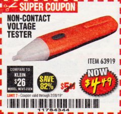 Harbor Freight Coupon NON-CONTACT VOLTAGE TESTER Lot No. 63919 Expired: 2/28/19 - $4.49
