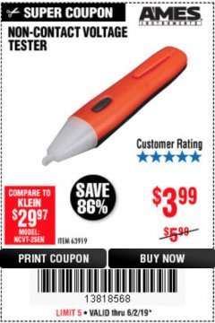 Harbor Freight Coupon NON-CONTACT VOLTAGE TESTER Lot No. 63919 Expired: 6/2/19 - $3.99