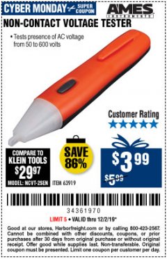 Harbor Freight Coupon NON-CONTACT VOLTAGE TESTER Lot No. 63919 Expired: 12/2/19 - $3.99