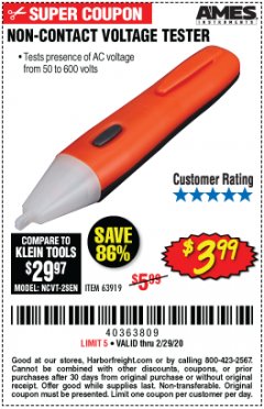 Harbor Freight Coupon NON-CONTACT VOLTAGE TESTER Lot No. 63919 Expired: 2/29/20 - $3.99