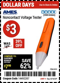 Harbor Freight Coupon NON-CONTACT VOLTAGE TESTER Lot No. 63919 Expired: 8/14/24 - $3