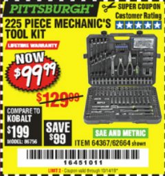 Harbor Freight Coupon 225 PIECE MECHANIC'S TOOL KIT Lot No. 64367/62664 Expired: 10/14/19 - $99.99