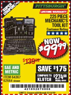 Harbor Freight Coupon 225 PIECE MECHANIC'S TOOL KIT Lot No. 64367/62664 Expired: 12/14/19 - $99.99