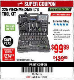 Harbor Freight Coupon 225 PIECE MECHANIC'S TOOL KIT Lot No. 64367/62664 Expired: 11/24/19 - $99.99