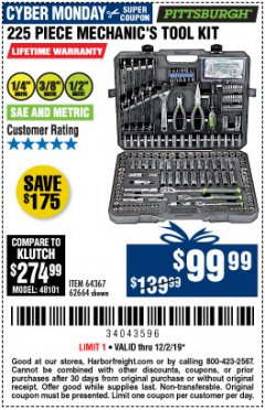 Harbor Freight Coupon 225 PIECE MECHANIC'S TOOL KIT Lot No. 64367/62664 Expired: 12/2/19 - $99.99