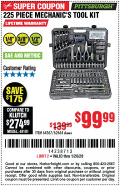 Harbor Freight Coupon 225 PIECE MECHANIC'S TOOL KIT Lot No. 64367/62664 Expired: 1/26/20 - $99.99