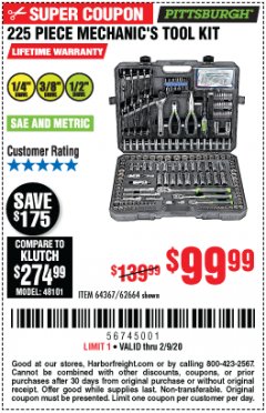 Harbor Freight Coupon 225 PIECE MECHANIC'S TOOL KIT Lot No. 64367/62664 Expired: 2/9/20 - $99.99