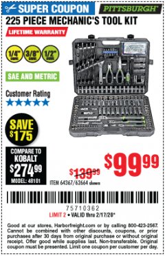 Harbor Freight Coupon 225 PIECE MECHANIC'S TOOL KIT Lot No. 64367/62664 Expired: 2/17/20 - $99.99