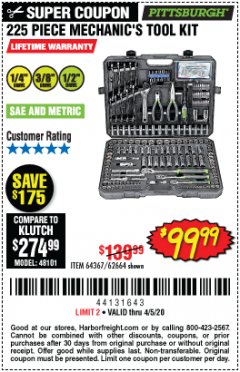 Harbor Freight Coupon 225 PIECE MECHANIC'S TOOL KIT Lot No. 64367/62664 Expired: 6/30/20 - $99.99