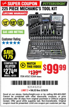 Harbor Freight Coupon 225 PIECE MECHANIC'S TOOL KIT Lot No. 64367/62664 Expired: 3/29/20 - $99.99