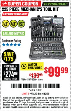 Harbor Freight Coupon 225 PIECE MECHANIC'S TOOL KIT Lot No. 64367/62664 Expired: 6/30/20 - $99.99