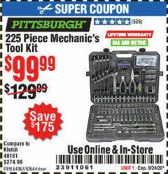 Harbor Freight Coupon 225 PIECE MECHANIC'S TOOL KIT Lot No. 64367/62664 Expired: 9/24/20 - $99.99